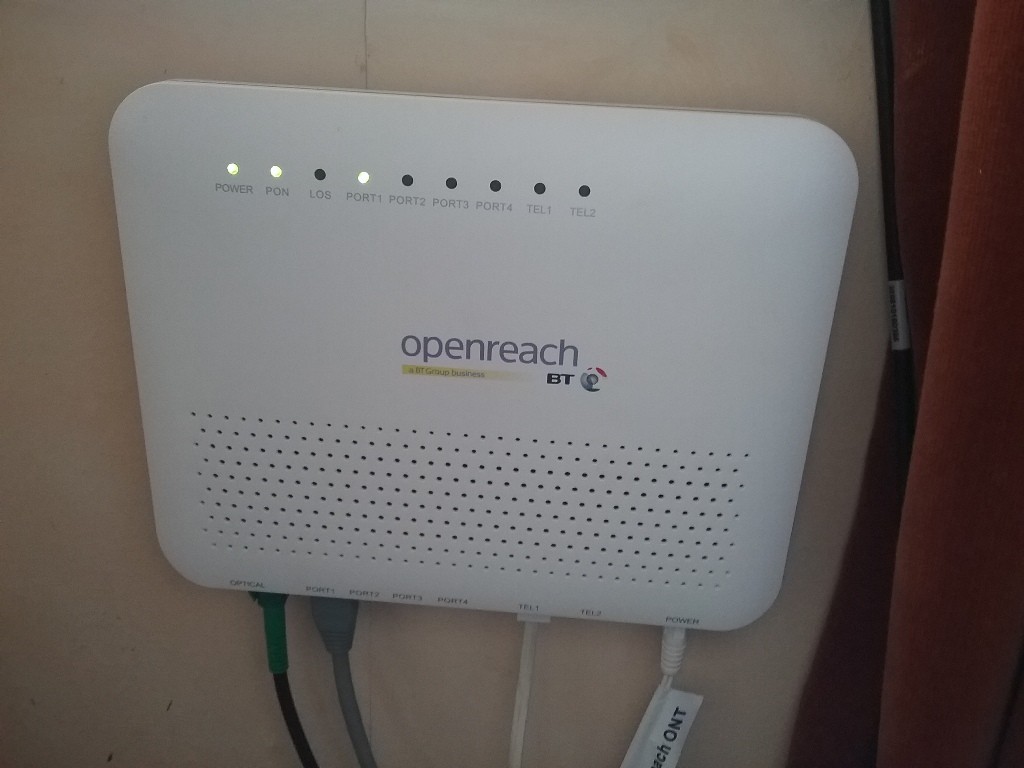 My OpenReach modem. Three pretty lights but no action